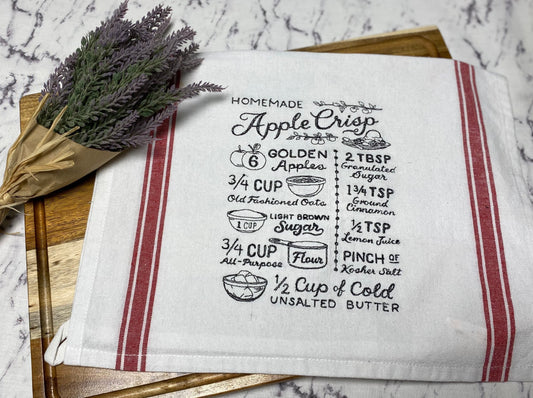 Apple Crisp Recipe - Embroidered Retro Red Stripe Cotton Dish Towel - 28 X 28