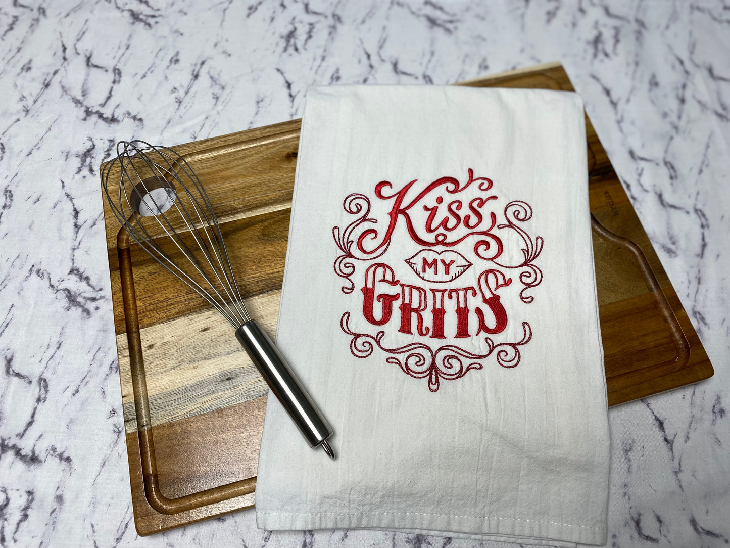 Kiss My Grits Embroidered Cotton Dish Towel - 28 X 28