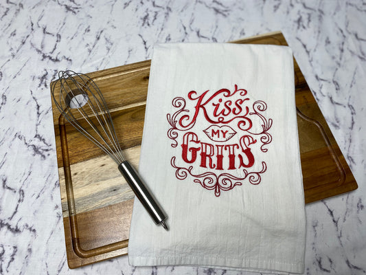 Kiss My Grits Embroidered Cotton Dish Towel - 28 X 28