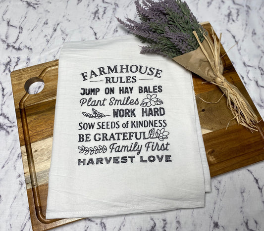 Farm House Rules Embroidered Cotton Dish Towel - 28 X 28