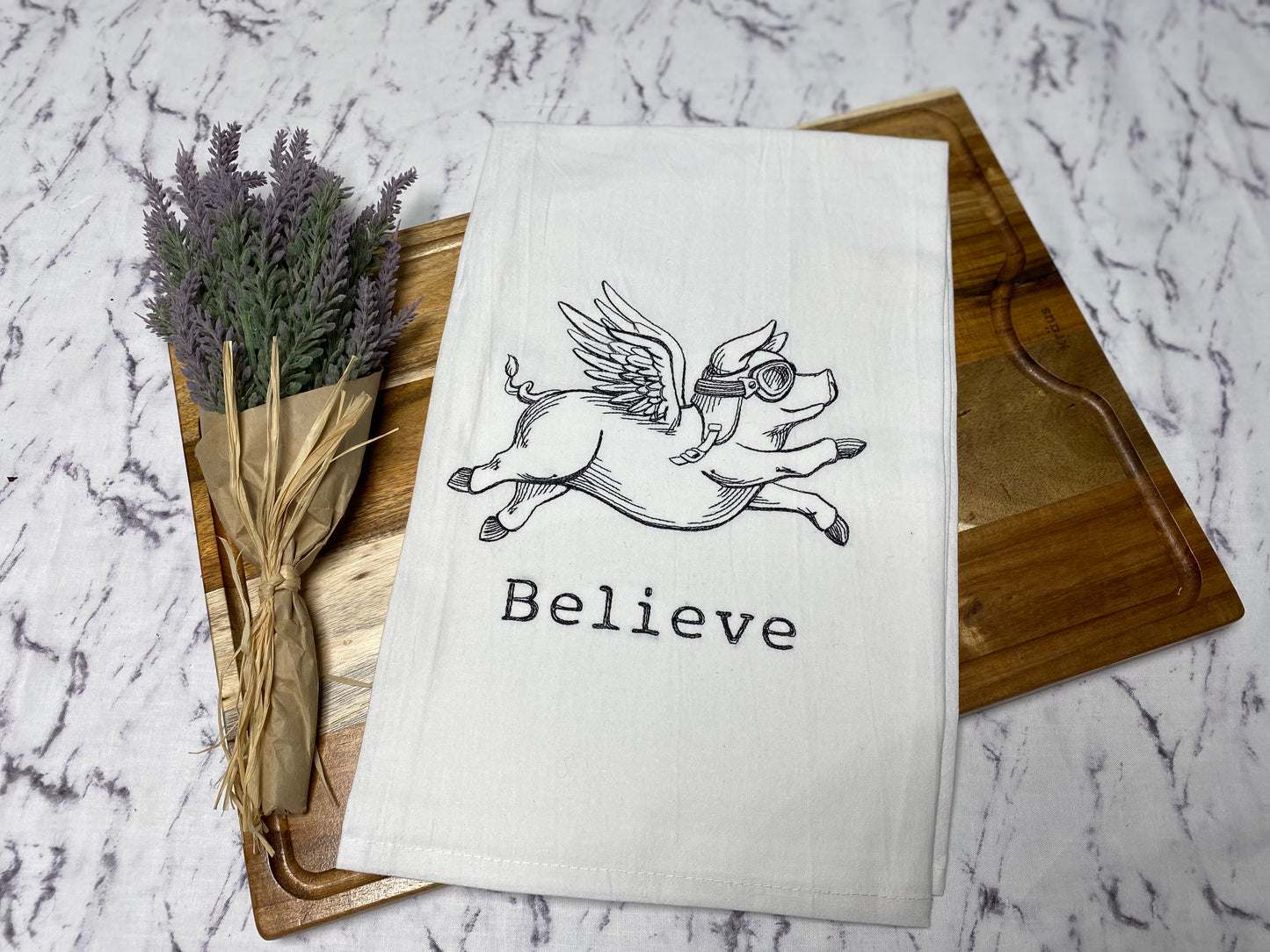 Believe (When Pigs Fly!) Embroidered Cotton Dish Towel - 28 X 28