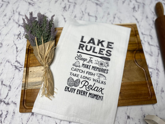 Lake Rules Embroidered Cotton Dish Towel - 28 X 28