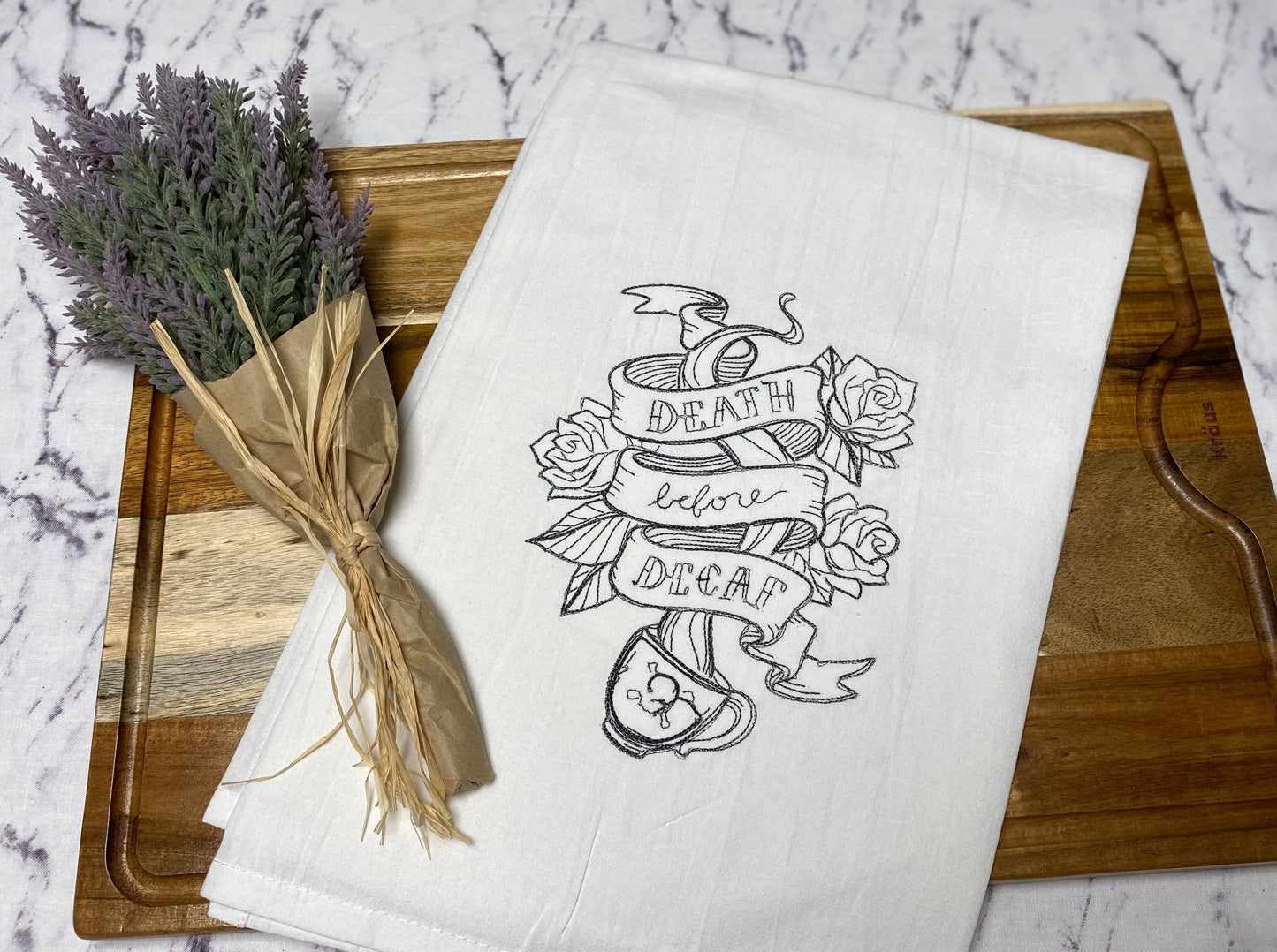 Death Before Decaf Embroidered Cotton Dish Towel - 28 X 28