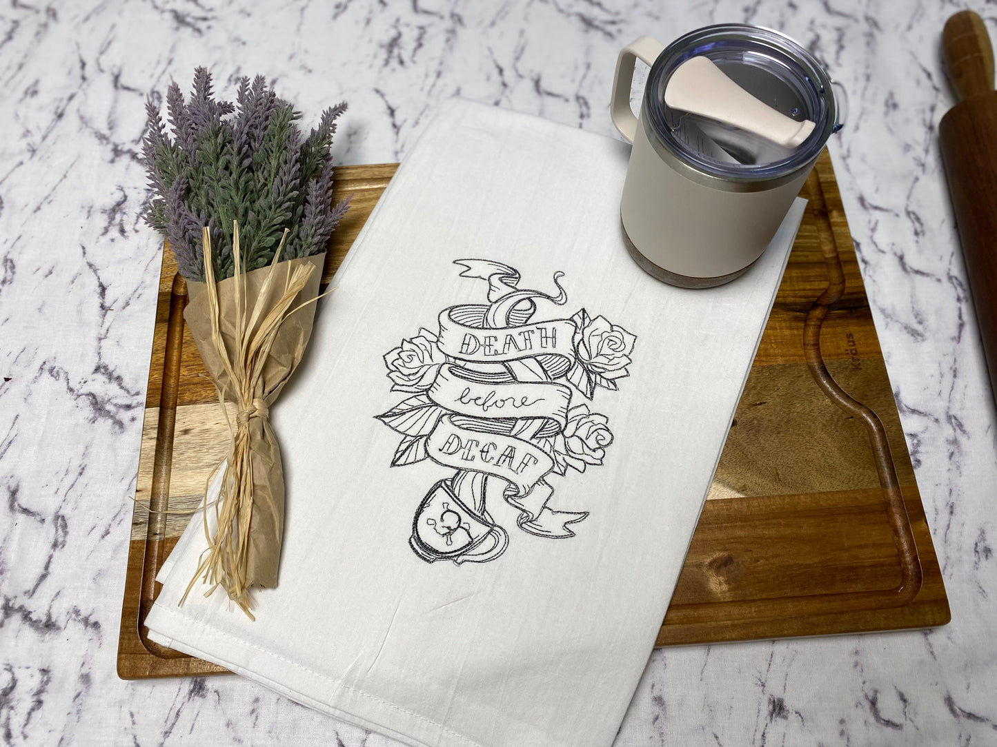 Death Before Decaf Embroidered Cotton Dish Towel - 28 X 28
