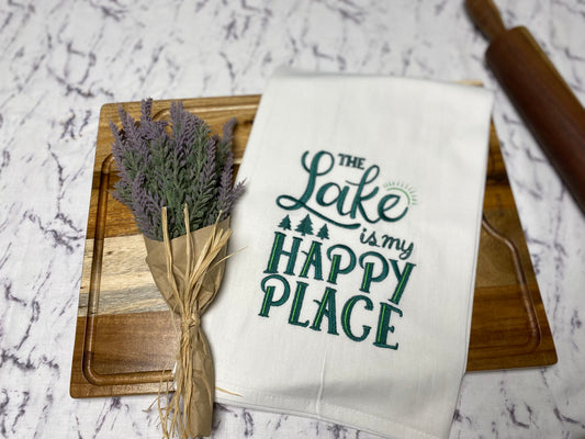 The Lake is My Happy Place Embroidered Cotton Dish Towel - 28 X 28