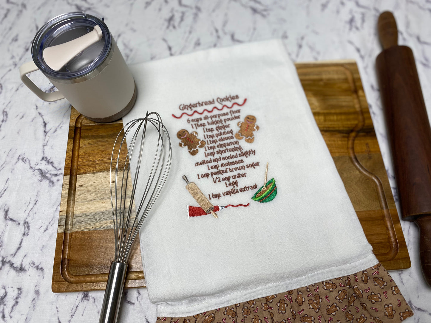 Gingerbread Cookie Recipe Embroidered Cotton Dish Towel - 28 X 28 with Gingerbread Ruffle
