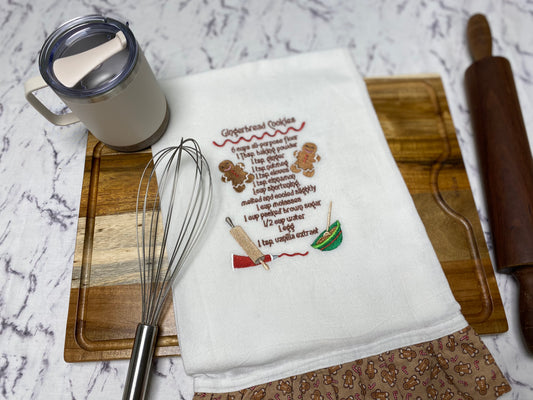 Gingerbread Cookie Recipe Embroidered Cotton Dish Towel - 28 X 28 with Gingerbread Ruffle