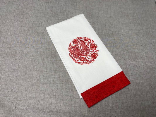 Damask Rooster Circle with Red Fabric Trim Embroidered Cotton Dish Towel - 28 X 28