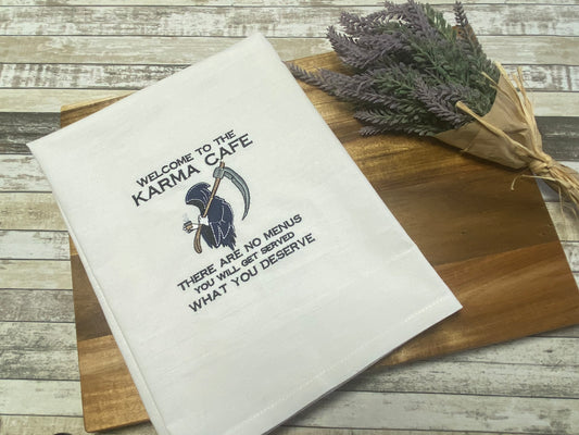 Welcome to the Karma Cafe Embroidered Cotton Dish Towel
