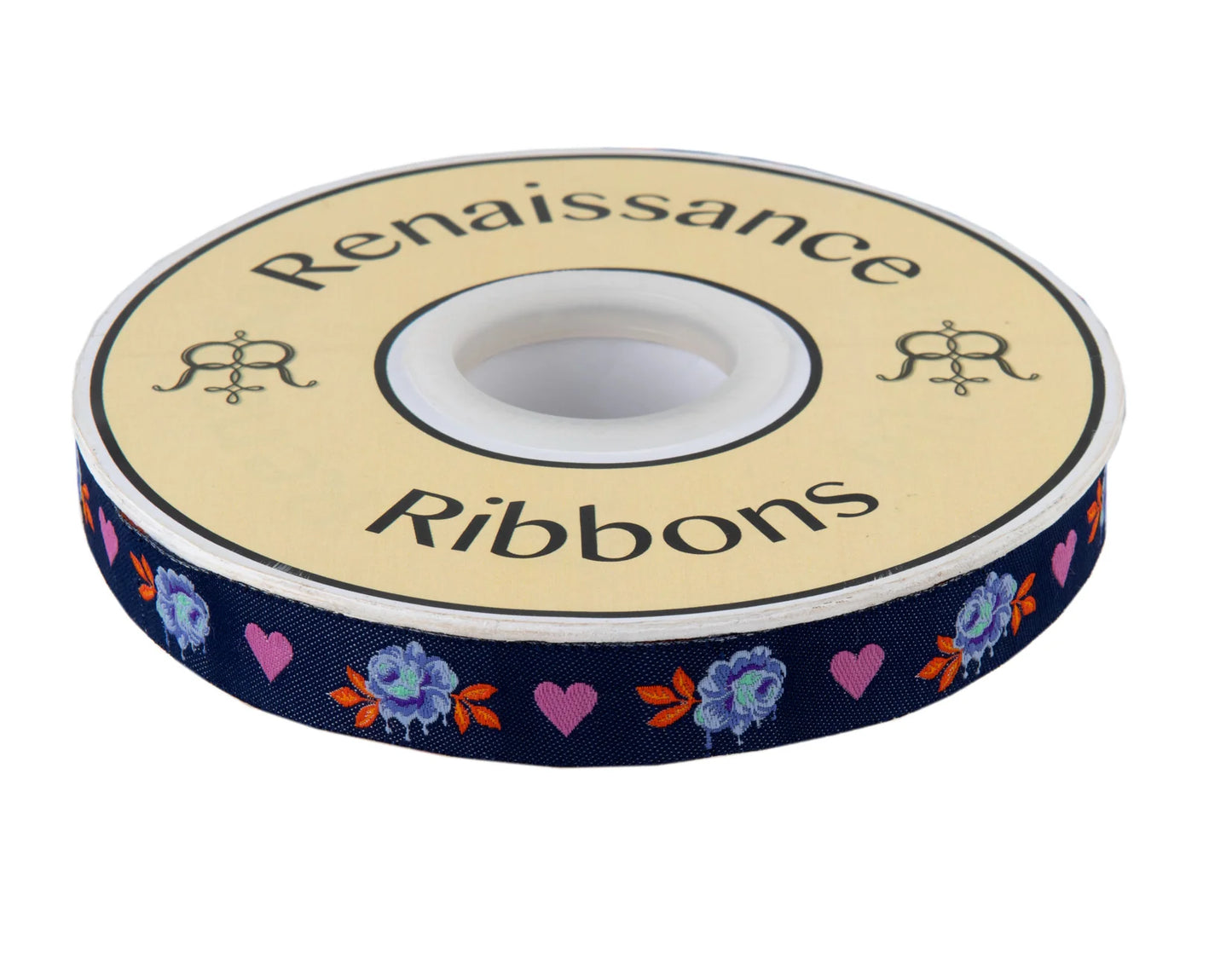 Tula Pink Painted Roses Navy - 5/8" Ribbon - Sold by the yard