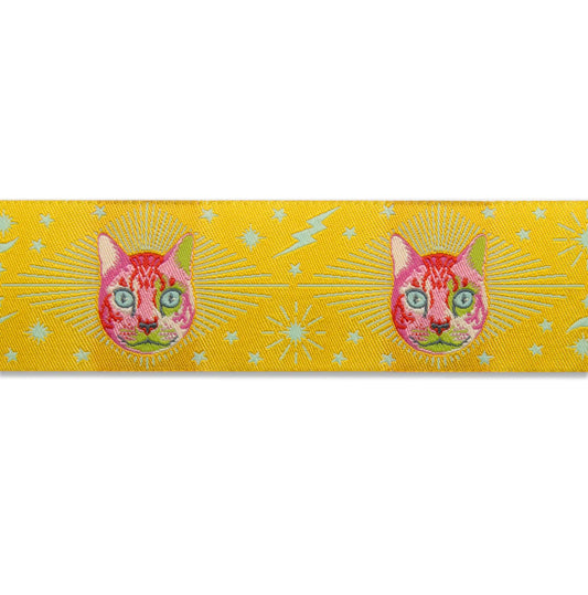Tula Pink Cheshire Cat on Yellow - 1 1/2" Ribbon - Sold by the yard
