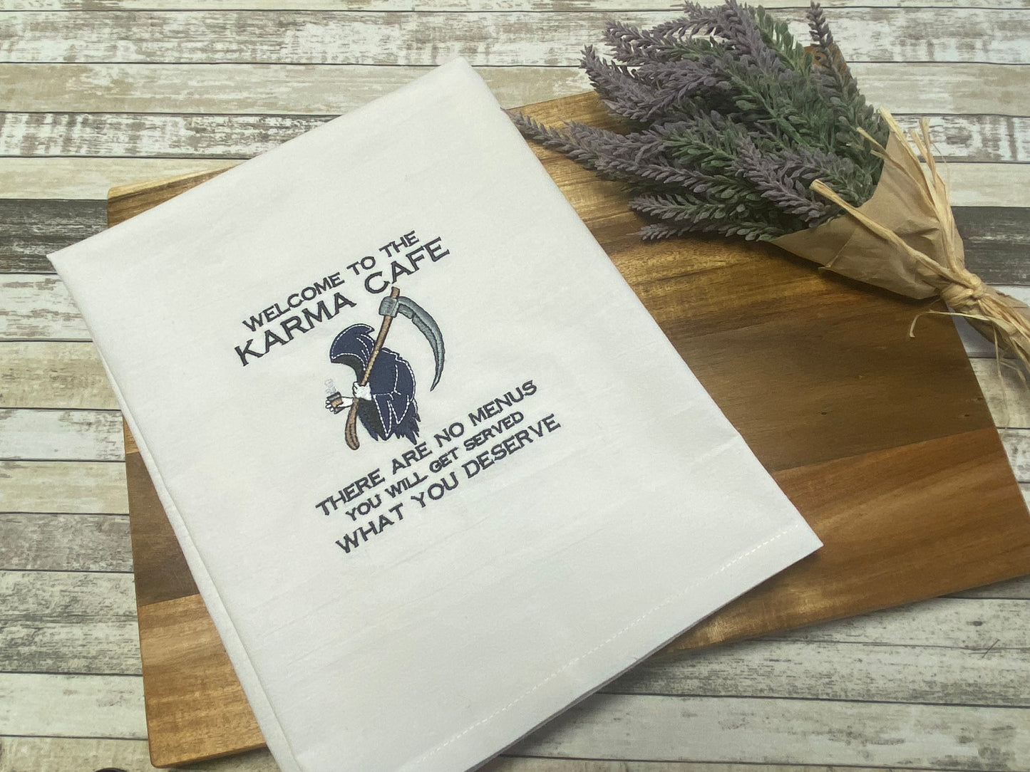 Welcome to the Karma Cafe Embroidered Cotton Dish Towel