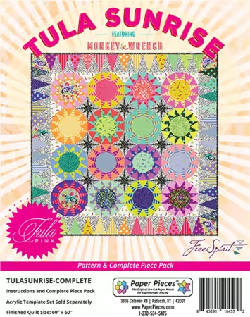Tula Sunrise Complete Pattern and Paper Piece Pack featuring Monkey Wrench by Tula Pink for Free Spirit — 60" x 60" EPP quilt