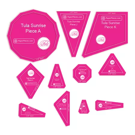 Tula Sunrise 11-Piece Acrylic Fabric Cutting Template Set by Paper Pieces — neon pink transparent acrylic shapes for EPP fussy cutting