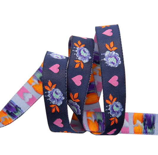 Tula Pink Painted Roses Navy - 5/8" Ribbon - Sold by the yard