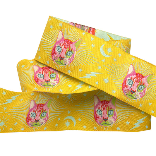 Tula Pink Cheshire Cat on Yellow - 1 1/2" Ribbon - Sold by the yard