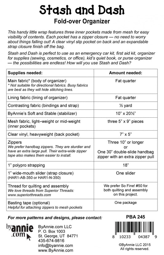 By Annie Stash and Dash Fold-Over Organizer Pattern | PBA245